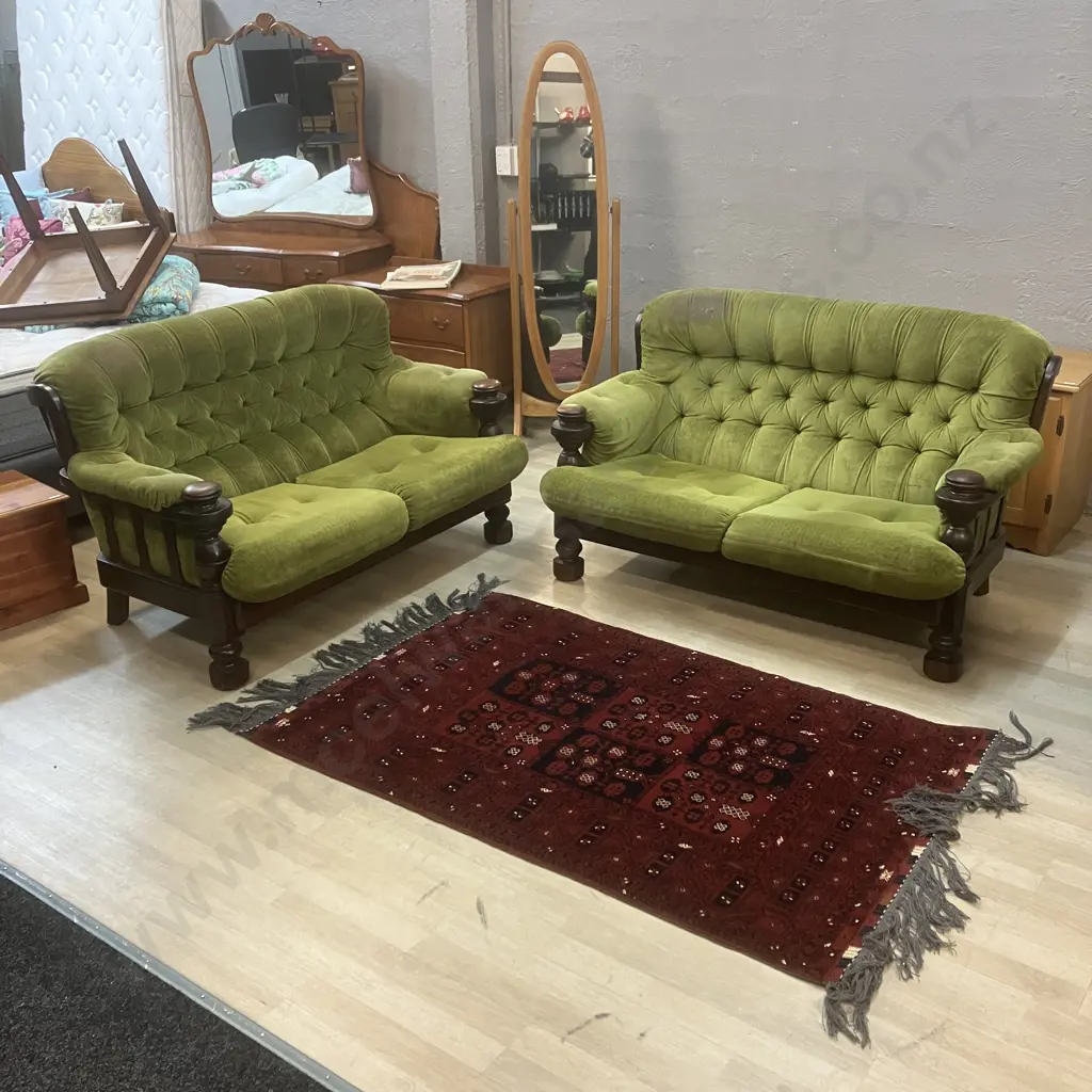 Vintage 2+2 Seater Lounge Suite, Green Draylon Button Back In a Dark Wood Frame Image 1++