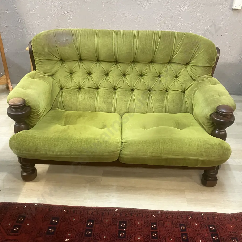 Vintage 2+2 Seater Lounge Suite, Green Draylon Button Back In a Dark Wood Frame Image 1++