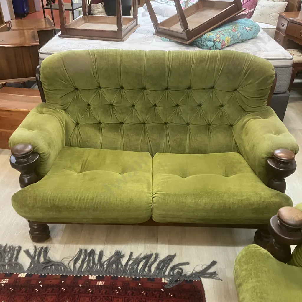Vintage 2+2 Seater Lounge Suite, Green Draylon Button Back In a Dark Wood Frame Image 1++