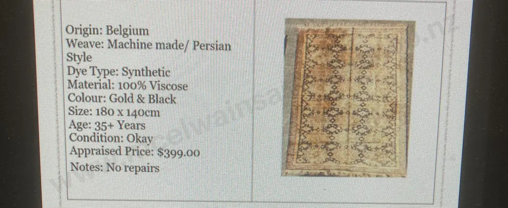 Belgium Persian Style Rug, 180 x 140cm, Gold & Black, 35+ Years, Okay Condition Image 1++
