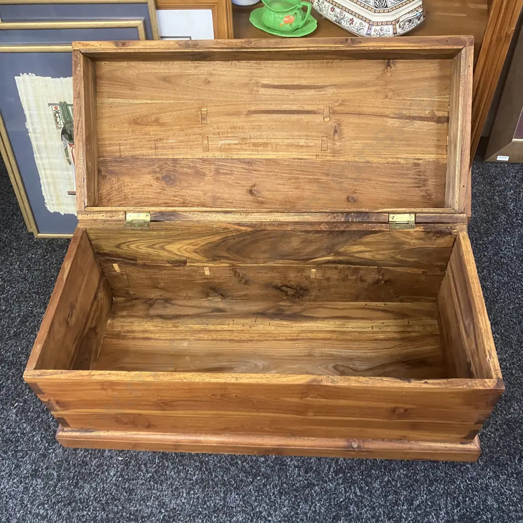 Teak Blanket Box, Dovetailed Construction, Heavy Brass Handles. H35.5 W83 D39cm Image 1++