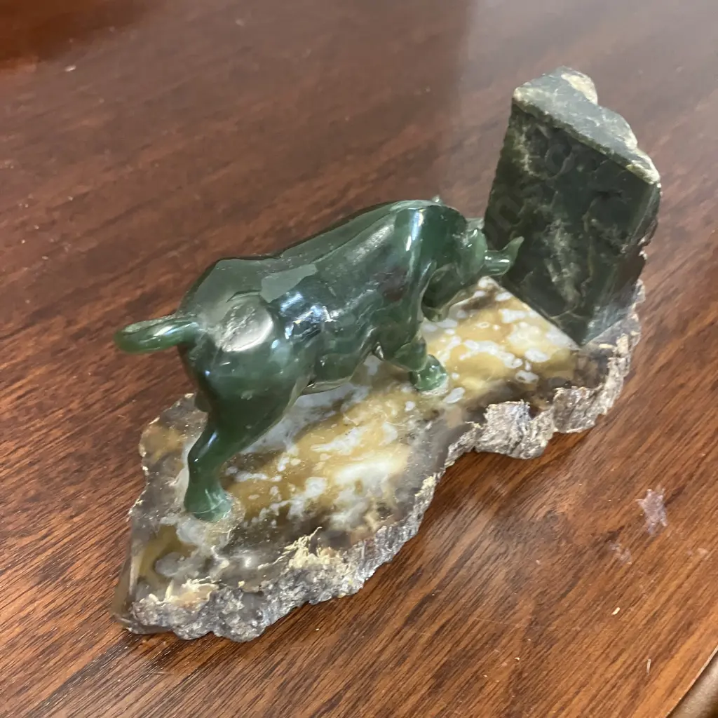 Jade Carved Bull On Petrified Wood. 8 x 18cm Image 1++