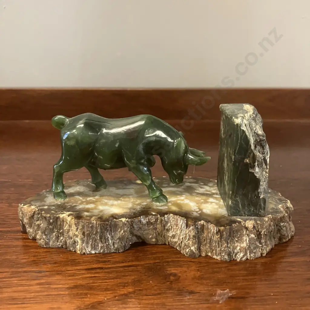 Jade Carved Bull On Petrified Wood. 8 x 18cm Image 1++