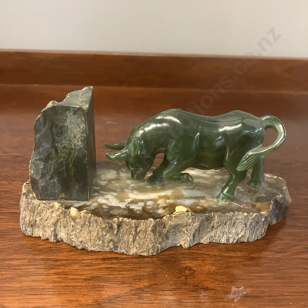 Jade Carved Bull On Petrified Wood. 8 x 18cm Image 1++