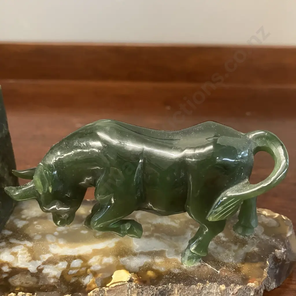 Jade Carved Bull On Petrified Wood. 8 x 18cm Image 1++