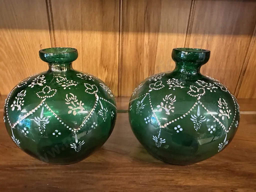 Antique Hand Blown Emerald Green Glass Bottles With Painted Floral Detail H12cm. Image 1++