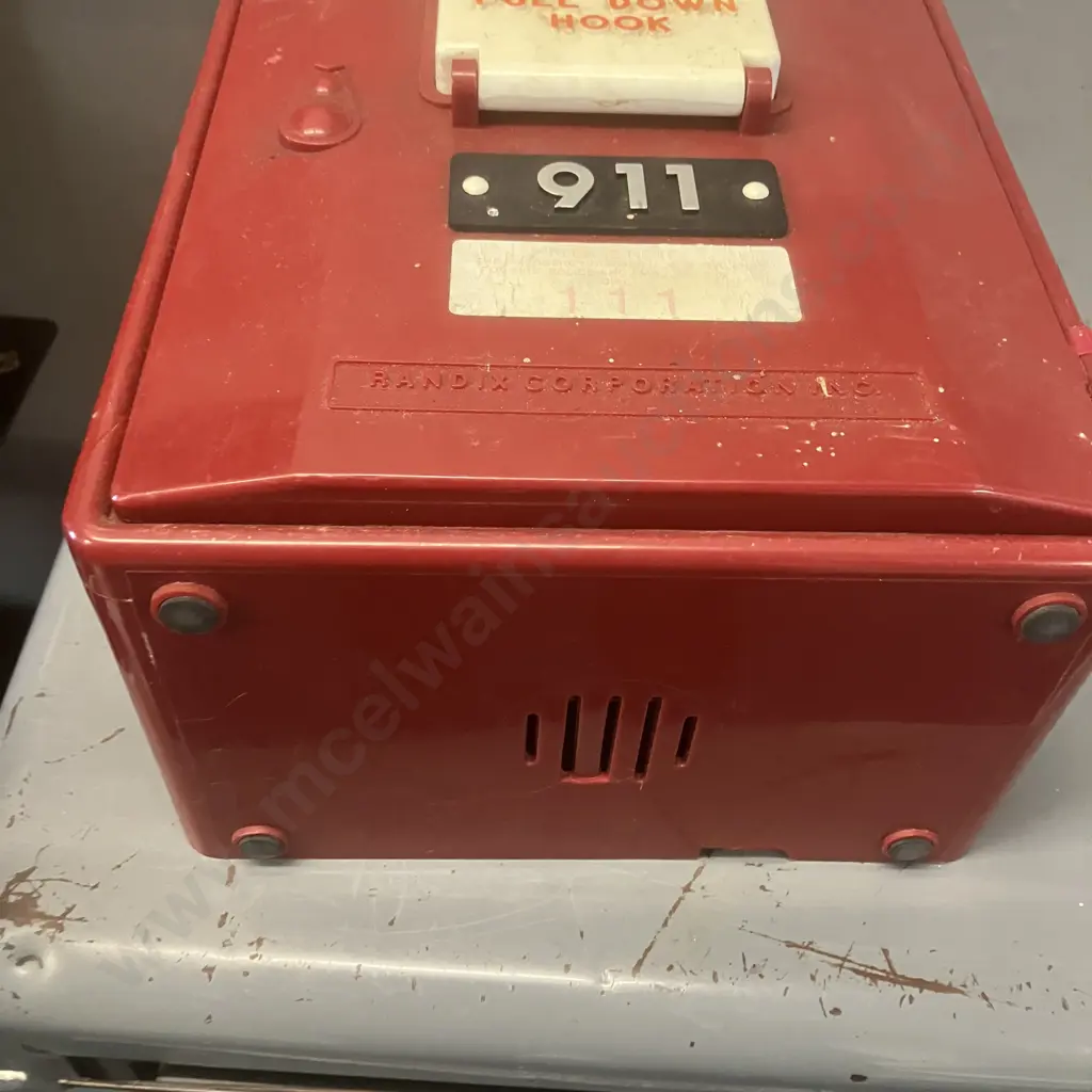 Vintage RANDIX FB-911 Fire Alarm Box Push Button Telephone, Red Landline (Hinges Broken, Case Cracked) Image 1++