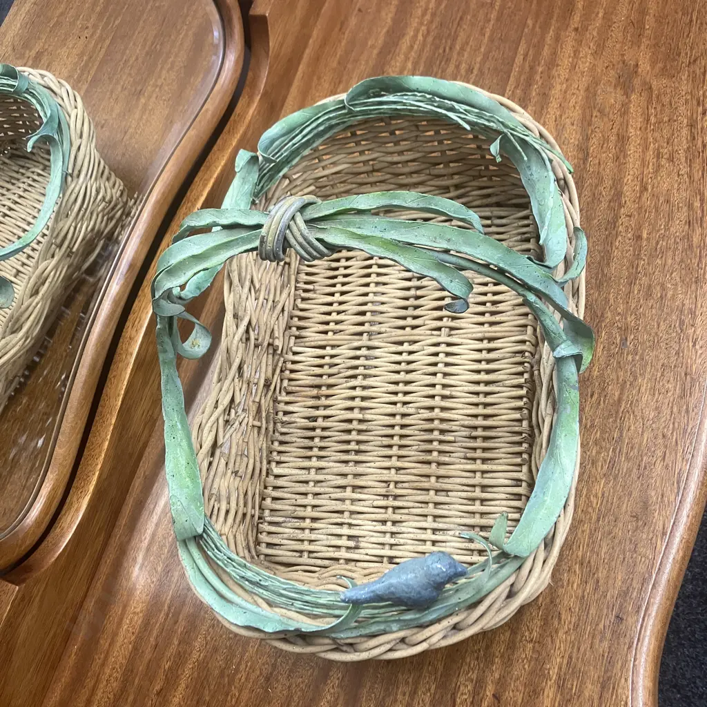 Woven Wicker Basket With Ornate Metal Handle & Border With Bird. H25 W42 D30cm Image 1++