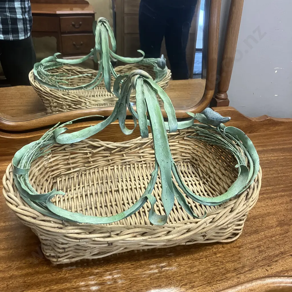 Woven Wicker Basket With Ornate Metal Handle & Border With Bird. H25 W42 D30cm Image 1++