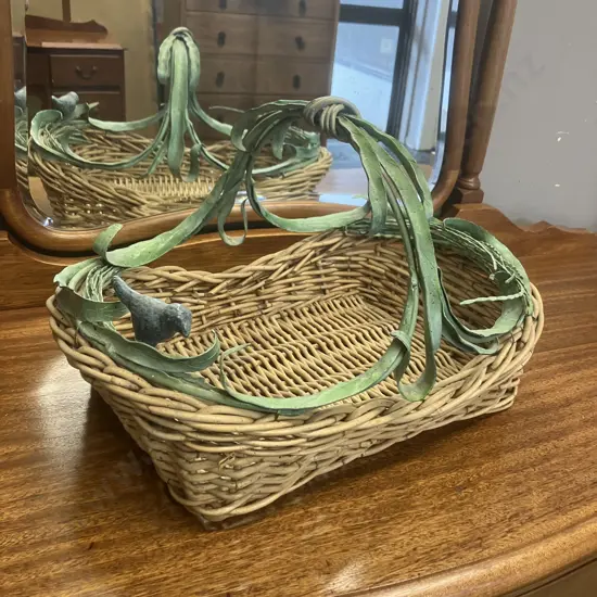 Woven Wicker Basket With Ornate Metal Handle & Border With Bird. H25 W42 D30cm