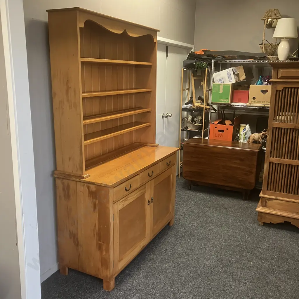 Vintage Recycled Pine Wall Unit, 4 Shelves With 3 Drawers & 2 Doors In Base, 2 Piece. H203 W134.5 D51.5cm Image 1++