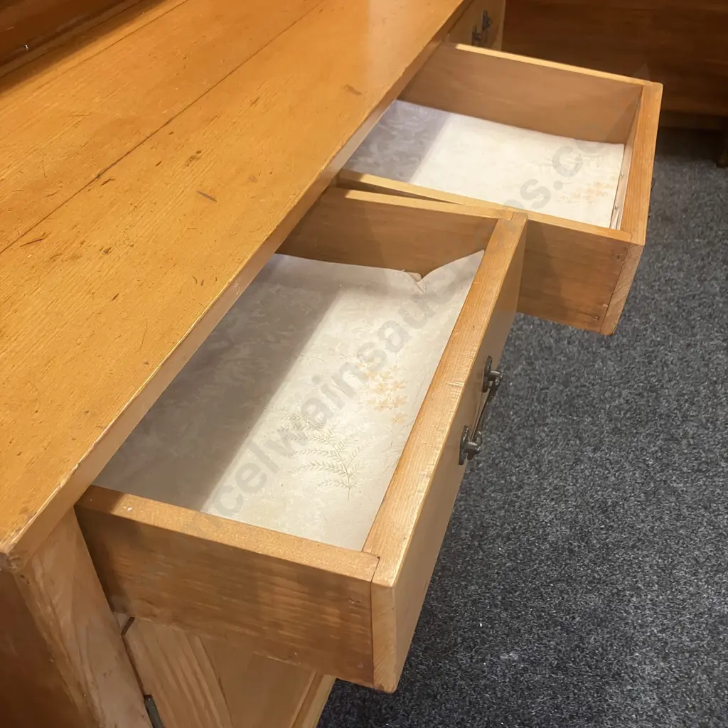Vintage Recycled Pine Wall Unit, 4 Shelves With 3 Drawers & 2 Doors In Base, 2 Piece. H203 W134.5 D51.5cm Image 1++