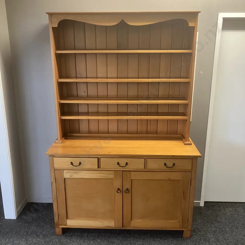 Vintage Recycled Pine Wall Unit, 4 Shelves With 3 Drawers & 2 Doors In Base, 2 Piece. H203 W134.5 D51.5cm Image 1++