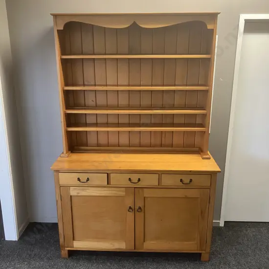 Vintage Recycled Pine Wall Unit, 4 Shelves With 3 Drawers & 2 Doors In Base, 2 Piece. H203 W134.5 D51.5cm
