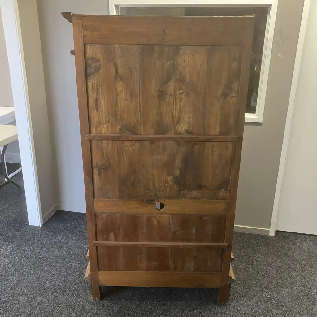 Indonesian Teak Slatted Double Door Storage Cabinet / Entertainment Unit, Single Drawer In Base. H176 W98 D64cm Image 1++