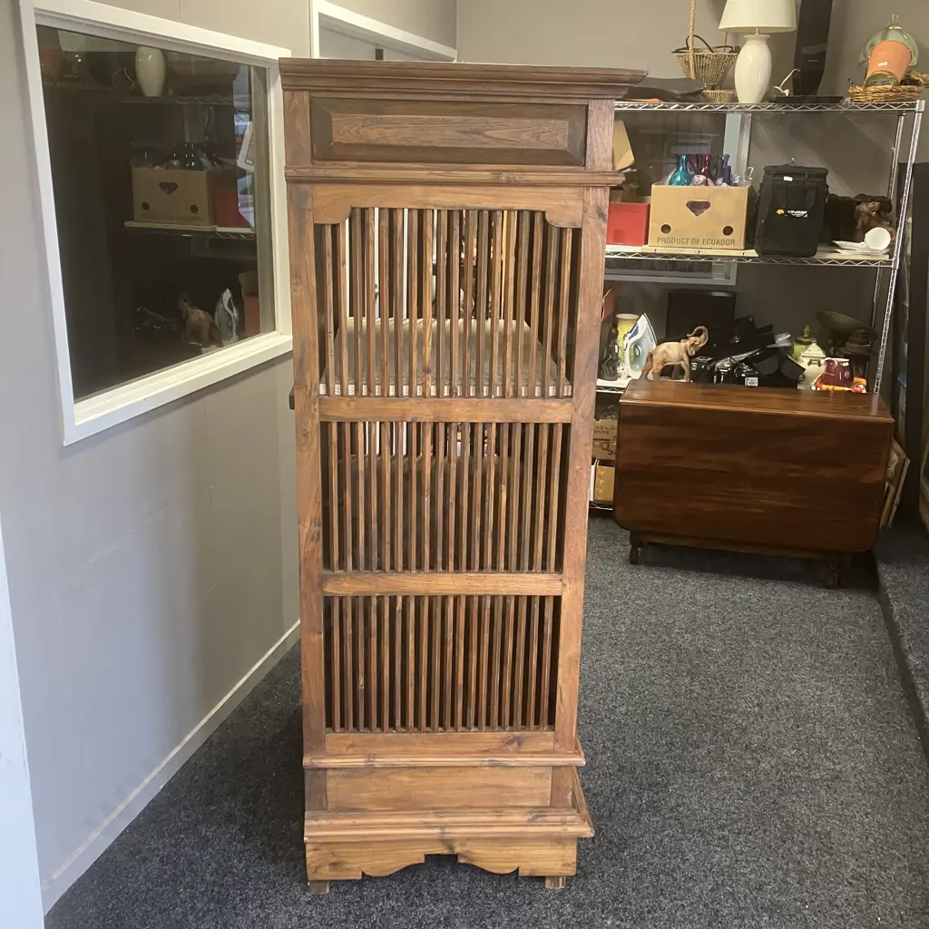 Indonesian Teak Slatted Double Door Storage Cabinet / Entertainment Unit, Single Drawer In Base. H176 W98 D64cm Image 1++