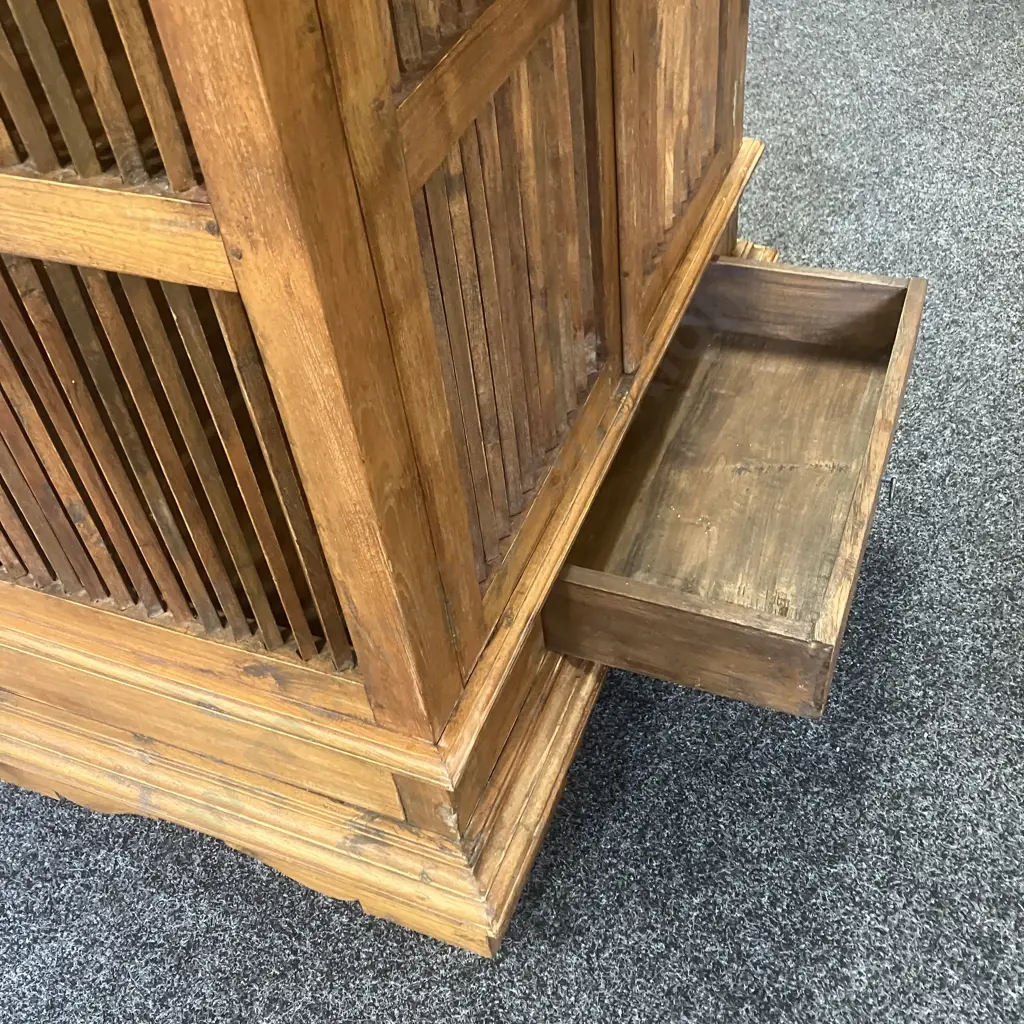 Indonesian Teak Slatted Double Door Storage Cabinet / Entertainment Unit, Single Drawer In Base. H176 W98 D64cm Image 1++