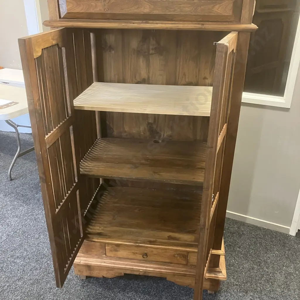 Indonesian Teak Slatted Double Door Storage Cabinet / Entertainment Unit, Single Drawer In Base. H176 W98 D64cm Image 1++