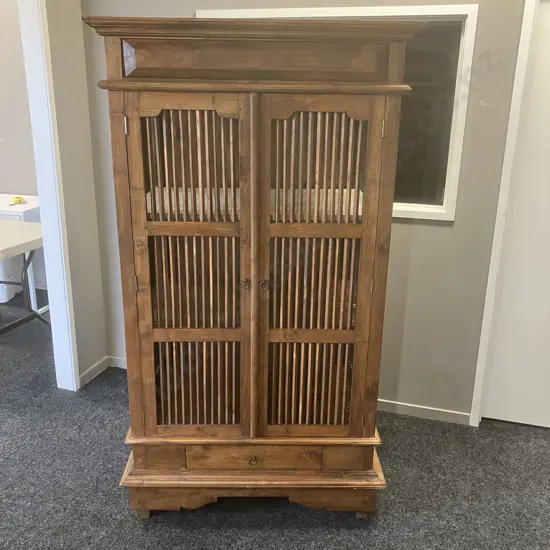 Indonesian Teak Slatted Double Door Storage Cabinet / Entertainment Unit, Single Drawer In Base. H176 W98 D64cm