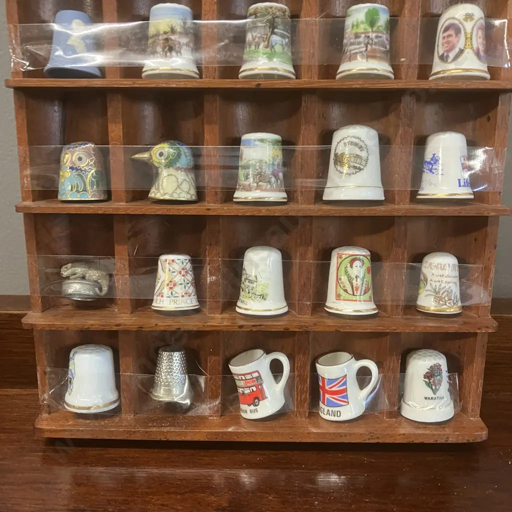 Vintage Thimble Collection With Wooden Display Case, Miniature Mugs Etc Image 1++