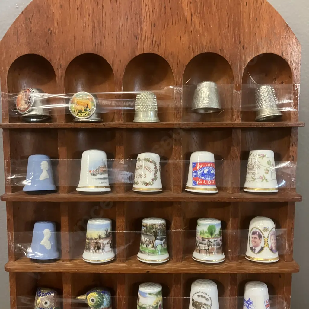 Vintage Thimble Collection With Wooden Display Case, Miniature Mugs Etc Image 1++