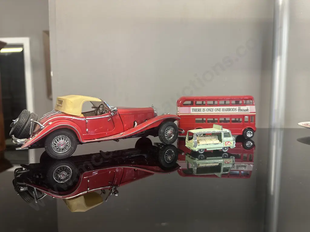 Vintage Model 1935 Mercedes 500K Special Roadster, Harrods Bus & Lesney Comber Bottle Float Image 1++