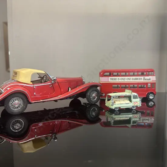 Vintage Model 1935 Mercedes 500K Special Roadster, Harrods Bus & Lesney Comber Bottle Float