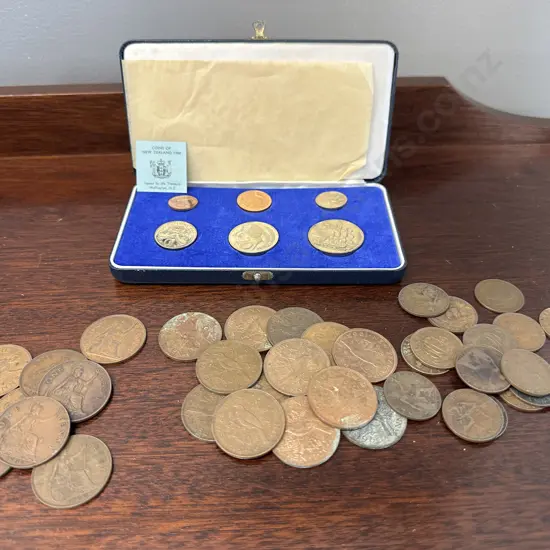 Selection of Coins Including Coins of NZ 1968 In Case, Penny & Half Penny Denominations