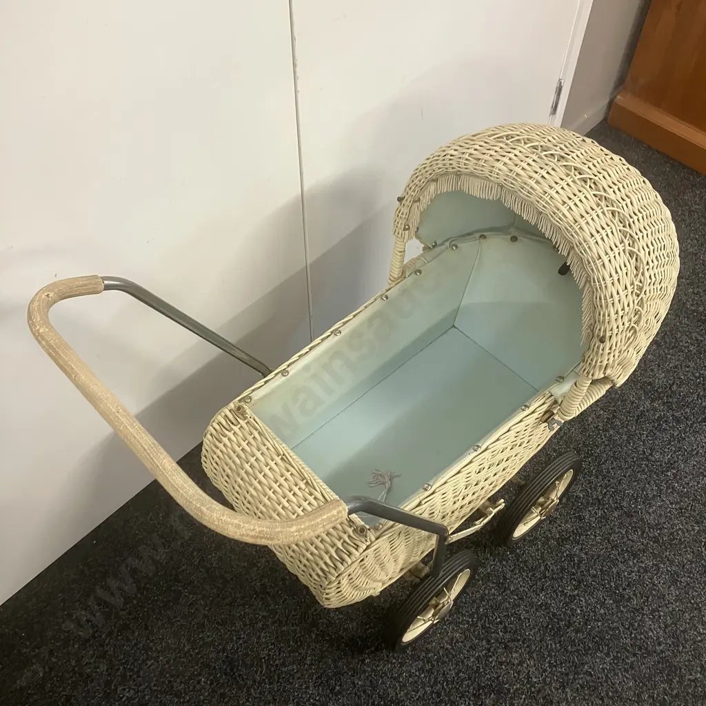 Vintage Woven Wicker Dolls Pram, Leather Sprung Image 1++