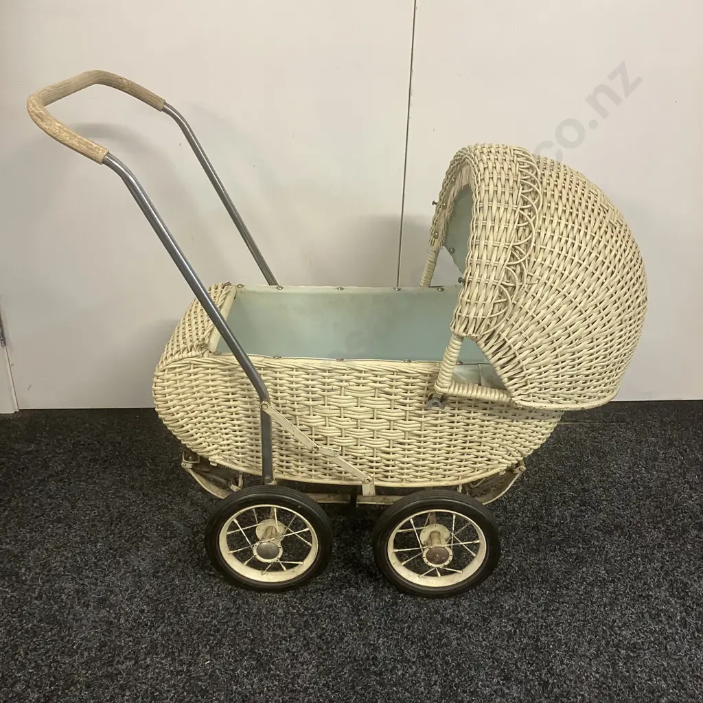 Vintage Woven Wicker Dolls Pram, Leather Sprung Image 1++