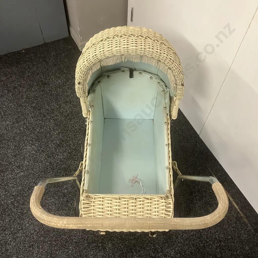 Vintage Woven Wicker Dolls Pram, Leather Sprung Image 1++