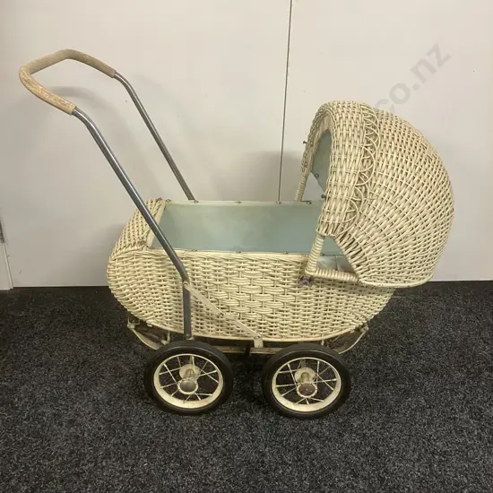 Vintage Woven Wicker Dolls Pram, Leather Sprung
