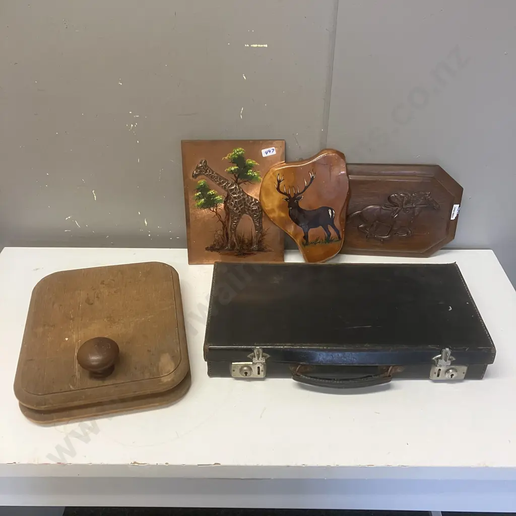 Small Vintage Case & Oak Wood Press & Vintage Wall Art x 3 Image 1++