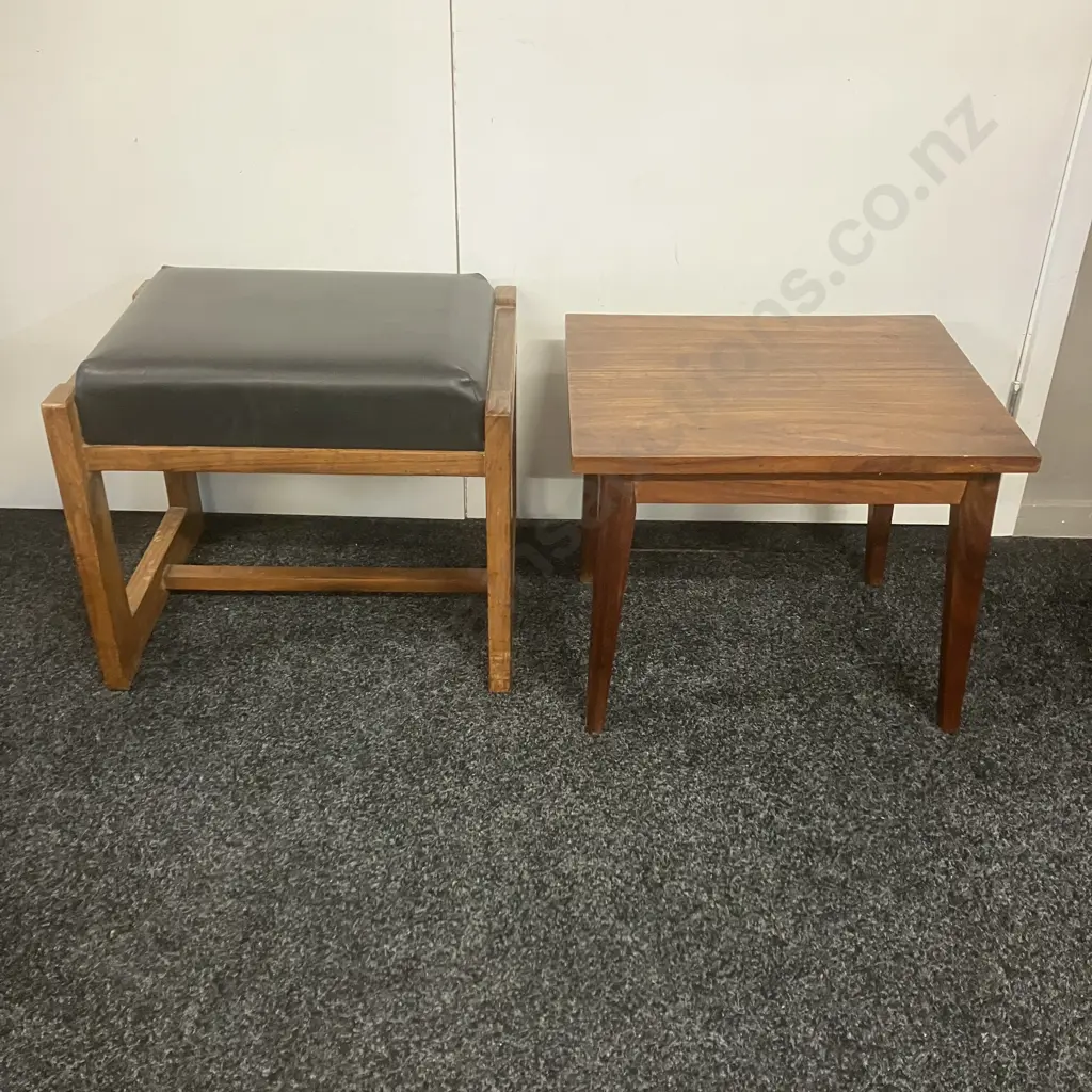 Black Leather & Wooden Stool With Small Wooden Occasional Table Image 1++