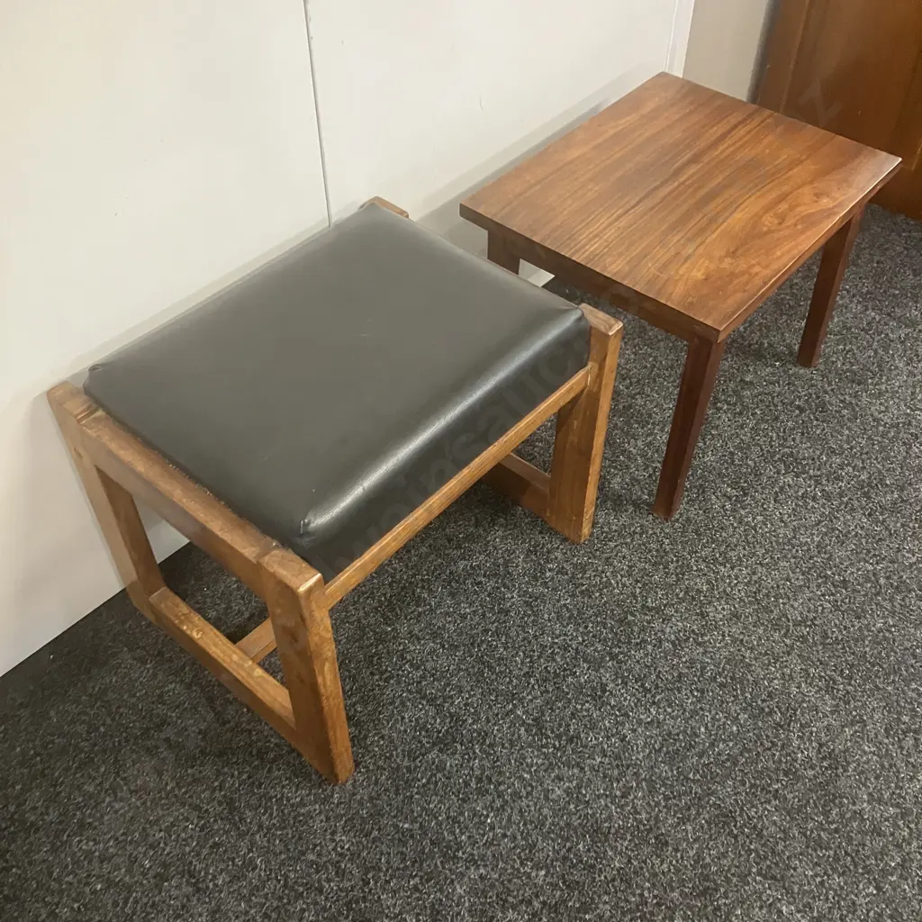 Black Leather & Wooden Stool With Small Wooden Occasional Table Image 1++