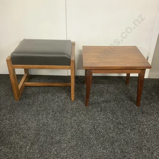 Black Leather & Wooden Stool With Small Wooden Occasional Table
