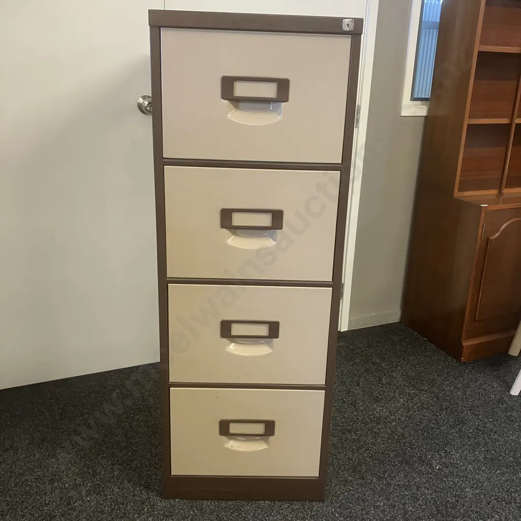 Brown & Cream Four Drawer Metal Filing Cabinet. 131 x 47cm Image 1++