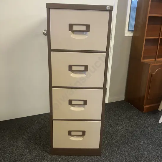 Brown & Cream Four Drawer Metal Filing Cabinet. 131 x 47cm
