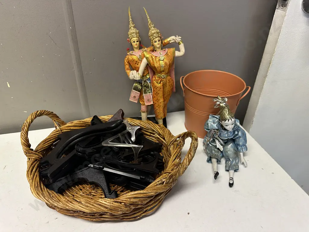 Cane Basket With Assorted Plate Stands, Figurines Etc Image 1++