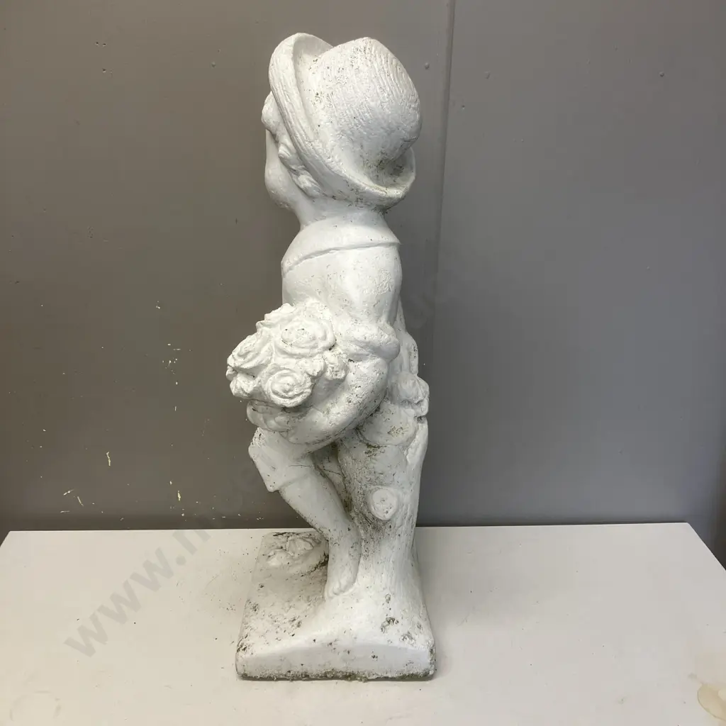 Cast Concrete Garden Figure Painted White - Boy Holding Flowers Image 1++