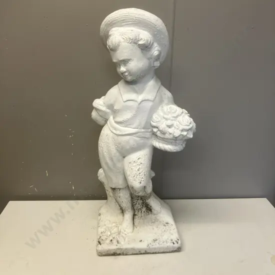 Cast Concrete Garden Figure Painted White - Boy Holding Flowers