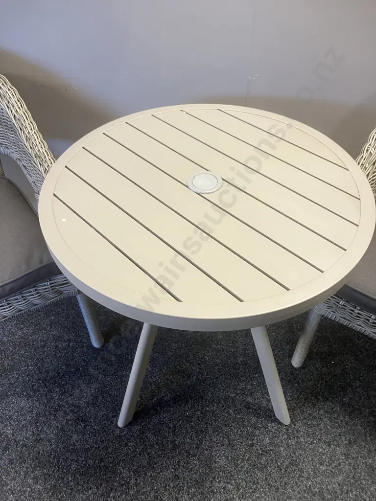Nouveau Canzo Outdoor Bistro Setting 3 Piece, Wicker Chairs With Cushions. 72 x 72cm Table - Ex Mitre 10 Image 1++