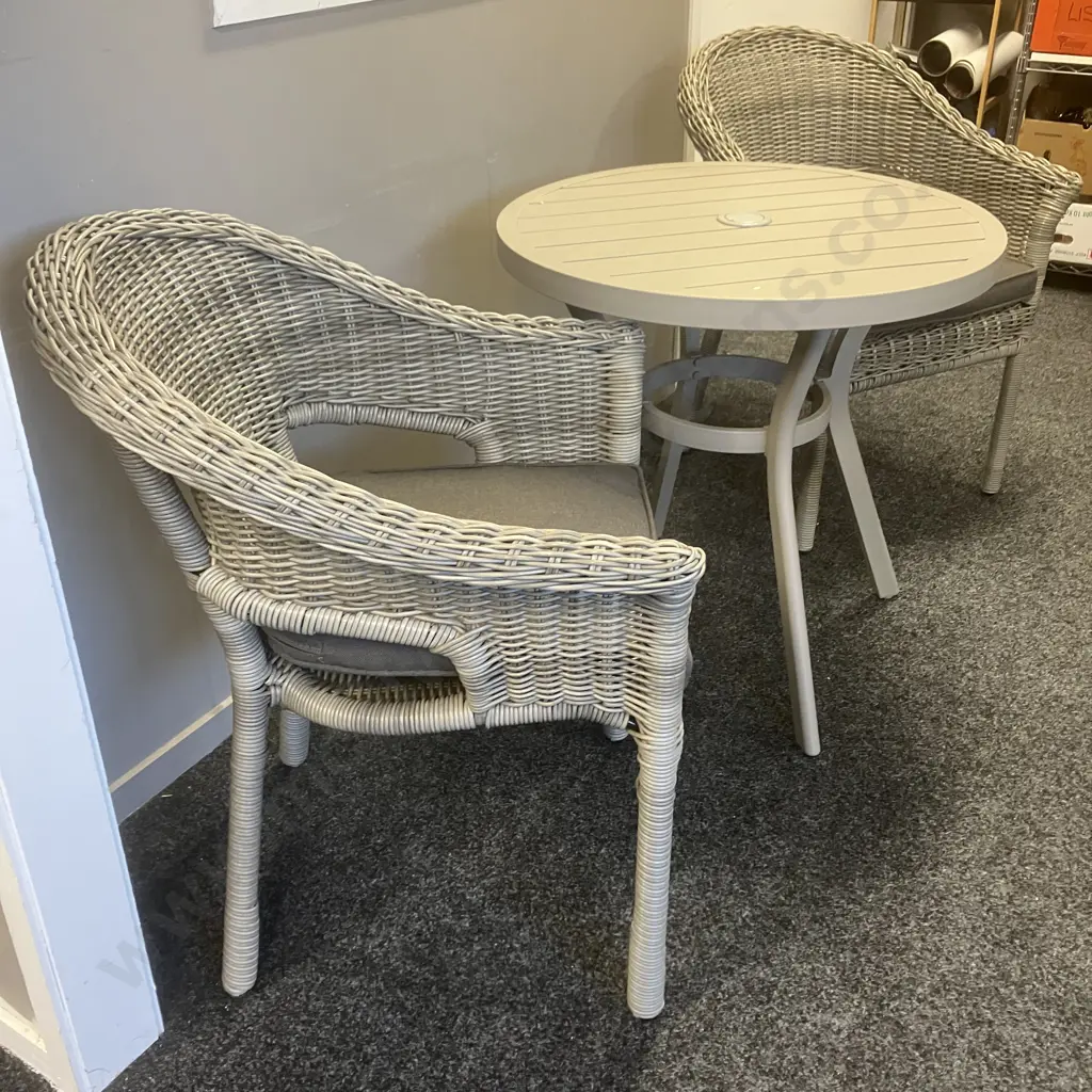Nouveau Canzo Outdoor Bistro Setting 3 Piece, Wicker Chairs With Cushions. 72 x 72cm Table - Ex Mitre 10 Image 1++