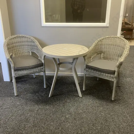 Nouveau Canzo Outdoor Bistro Setting 3 Piece, Wicker Chairs With Cushions. 72 x 72cm Table - Ex Mitre 10