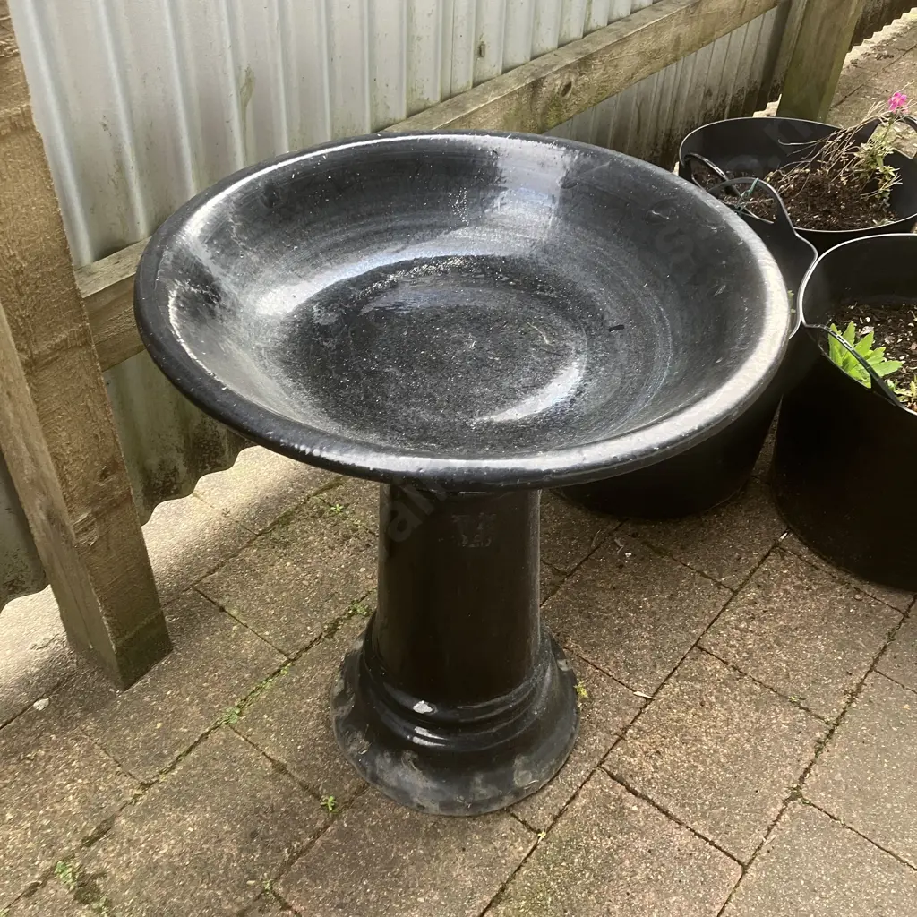 Black Glazed Terracotta Bird Bath. 63 x 52.5cm, 2 Piece Image 1++