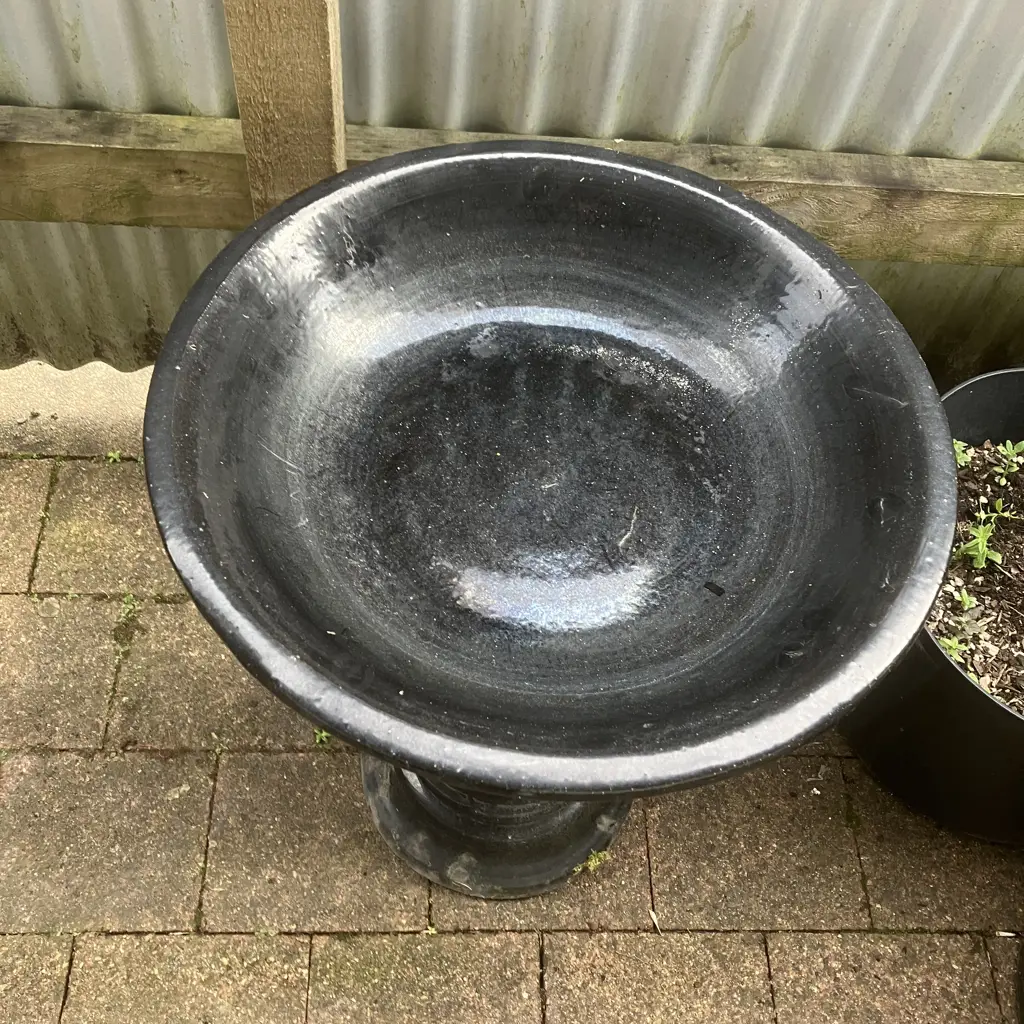 Black Glazed Terracotta Bird Bath. 63 x 52.5cm, 2 Piece Image 1++