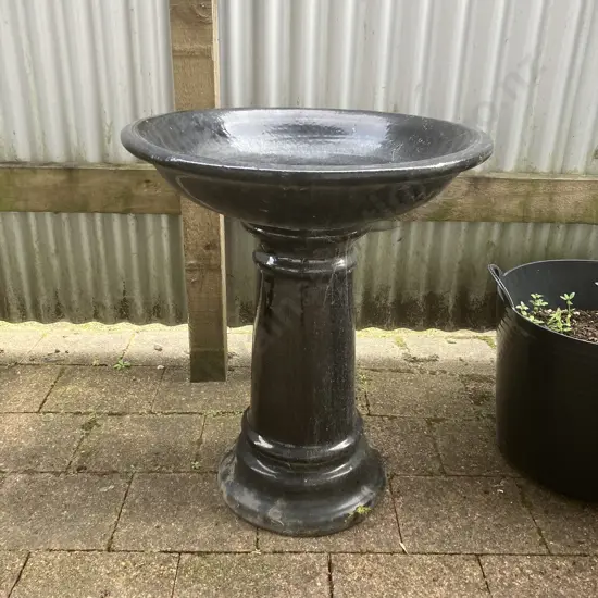 Black Glazed Terracotta Bird Bath. 63 x 52.5cm, 2 Piece