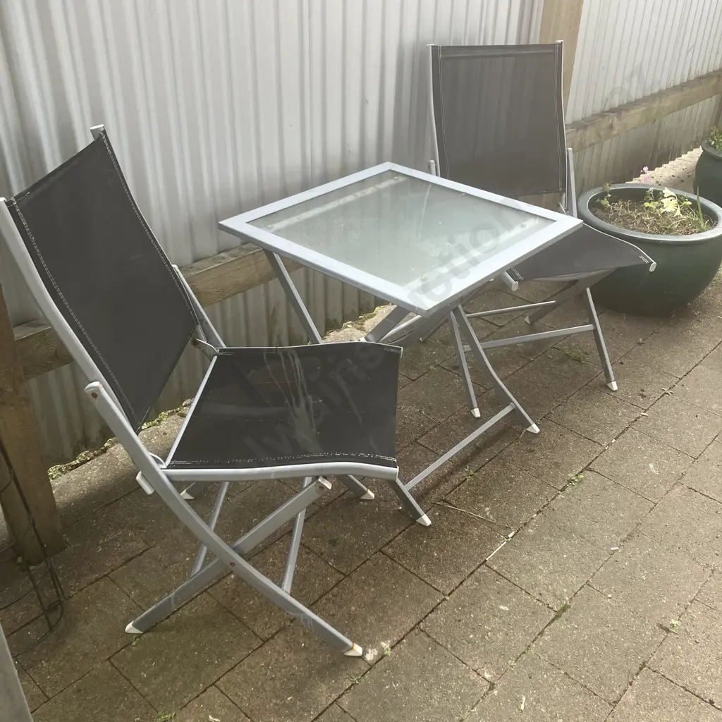 Steel & Glass Top Folding Patio Table With 2 Black Chairs Image 1++