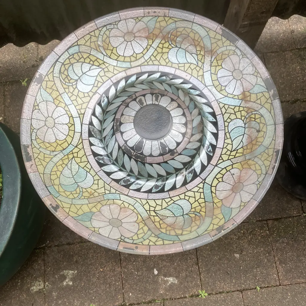 Glass Mosaic Pattern Bird Bath On Black Metal Stand. 55 x 44.5cm Image 1++