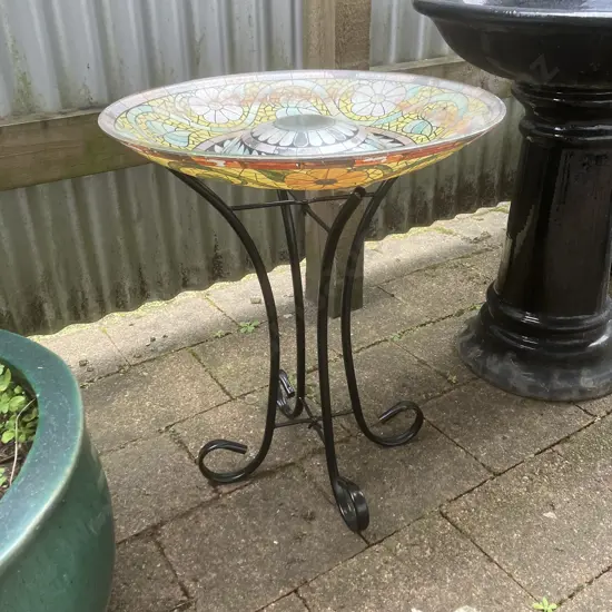 Glass Mosaic Pattern Bird Bath On Black Metal Stand. 55 x 44.5cm